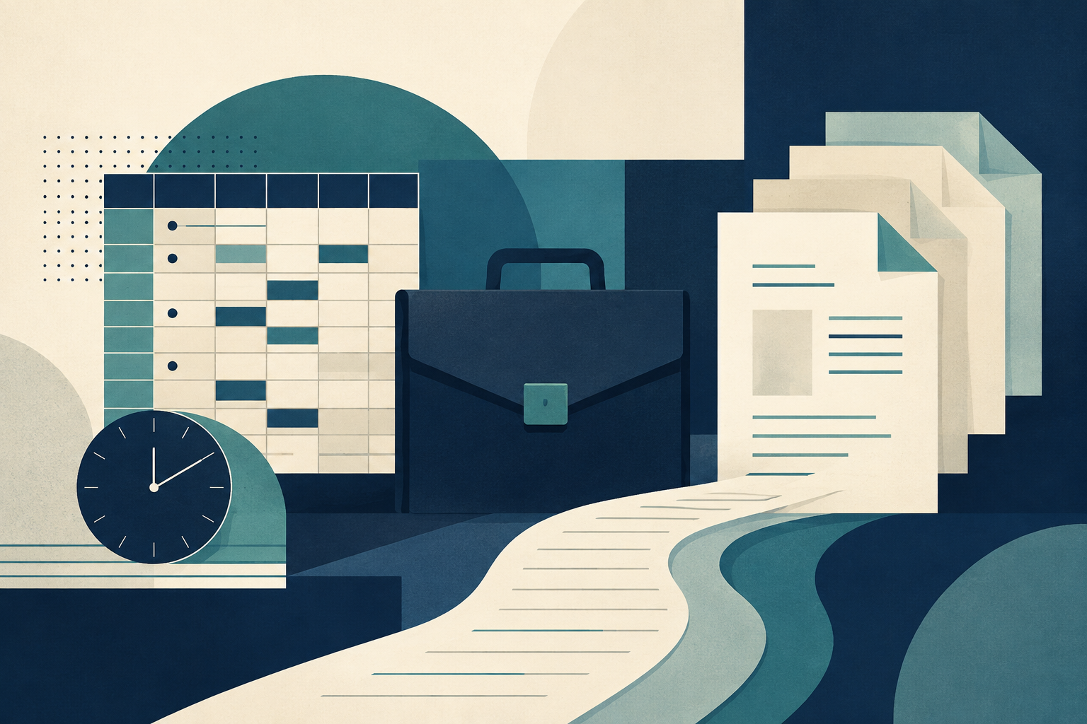 Editorial illustration of pay records, workplace documents, and an employment information checklist.