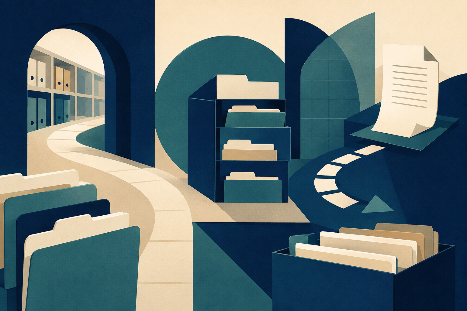 Editorial illustration of federal records, navigation tabs, and a clearly organized document guide.