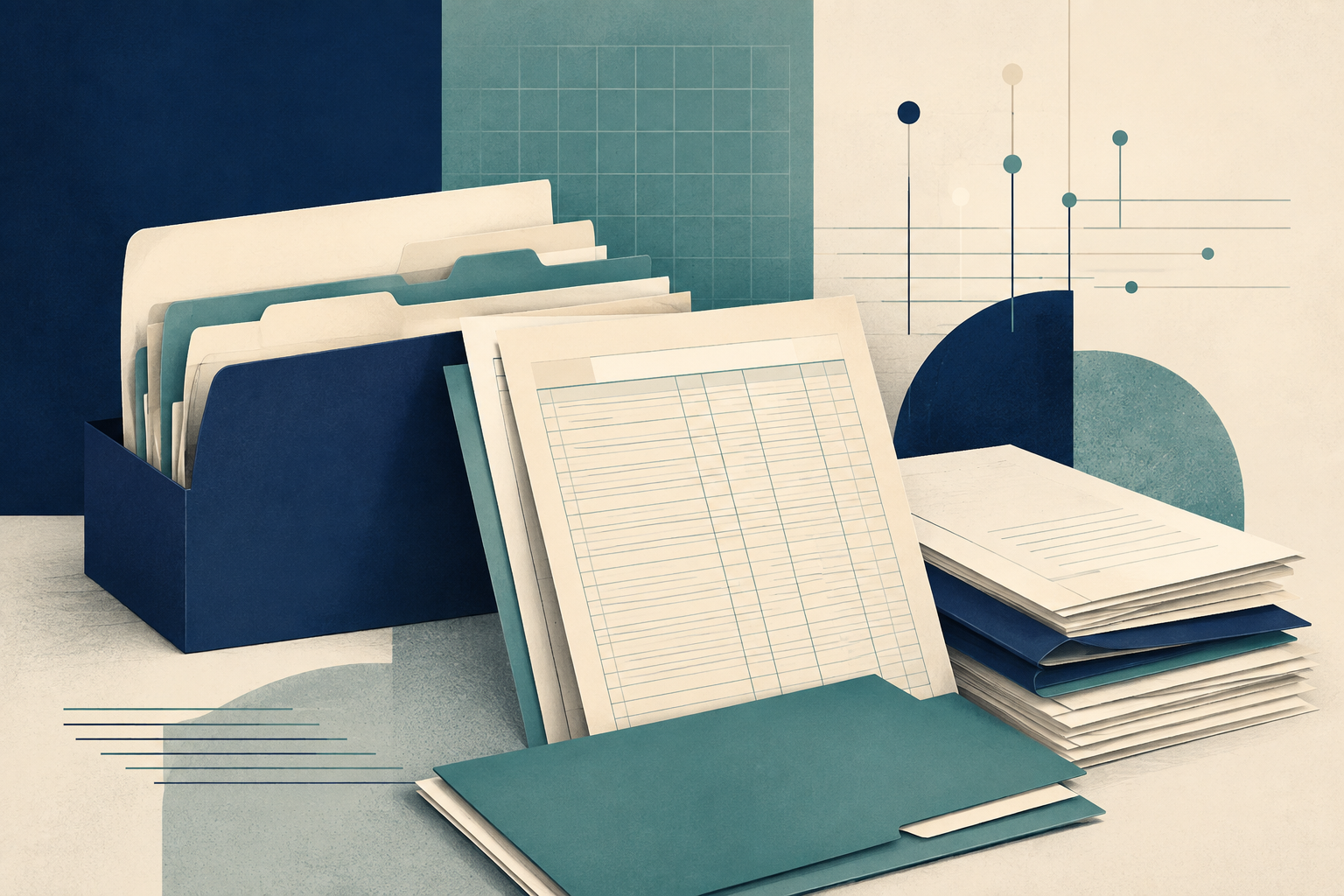 Editorial illustration of tax forms, filing records, and a structured calculation worksheet.