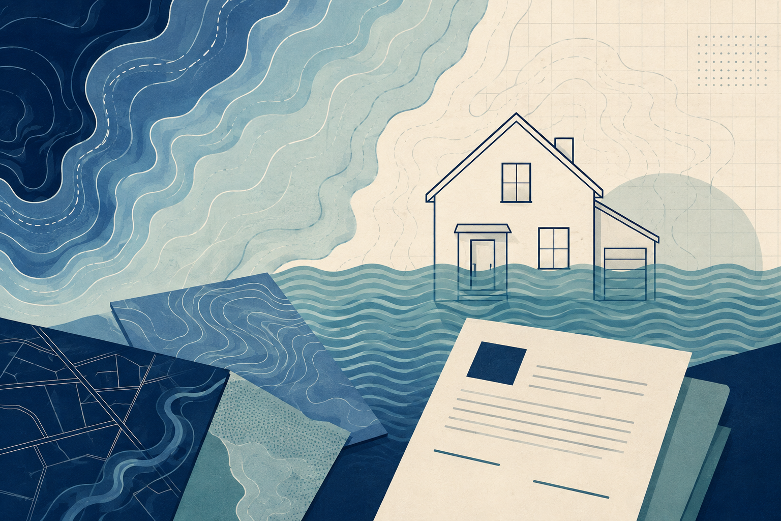 Editorial illustration of flood maps, insurance documents, and a property-records folder.