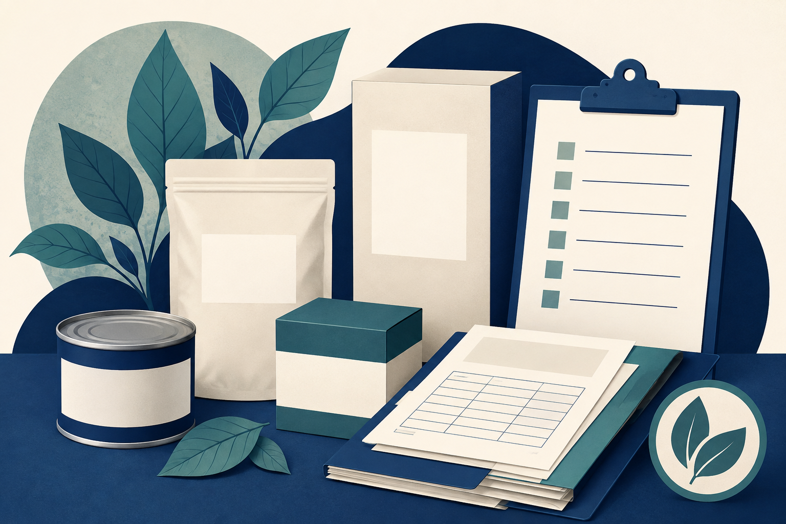 Editorial illustration of food labels, safety notices, and a clear product information panel.