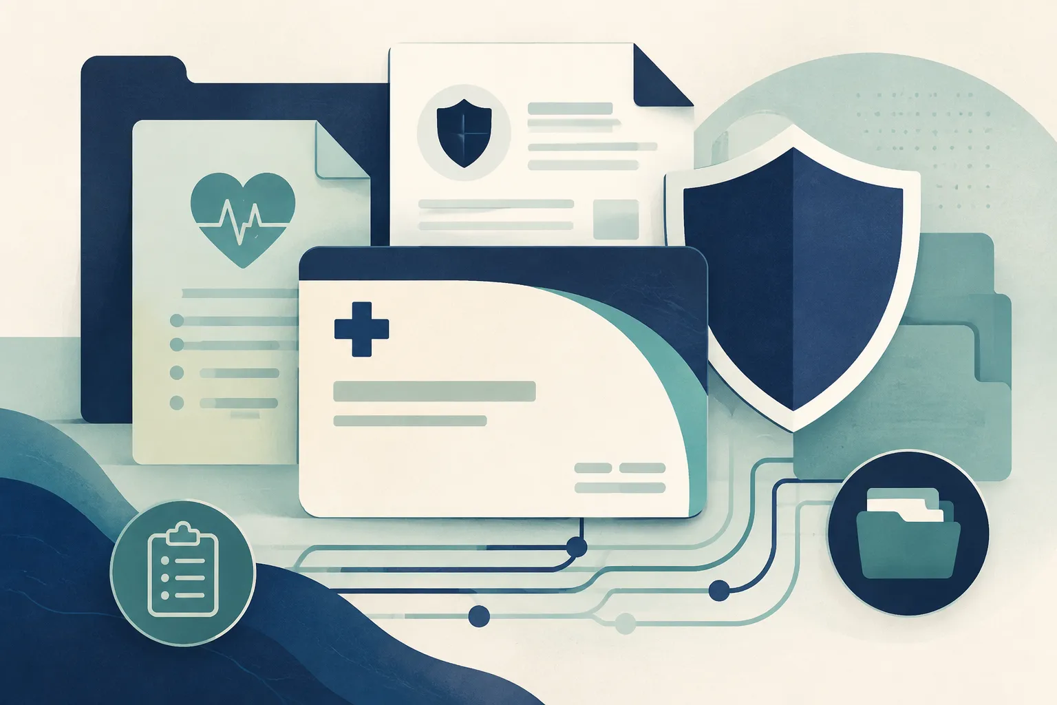 Editorial illustration of health coverage forms, benefit cards, and a plan comparison sheet.