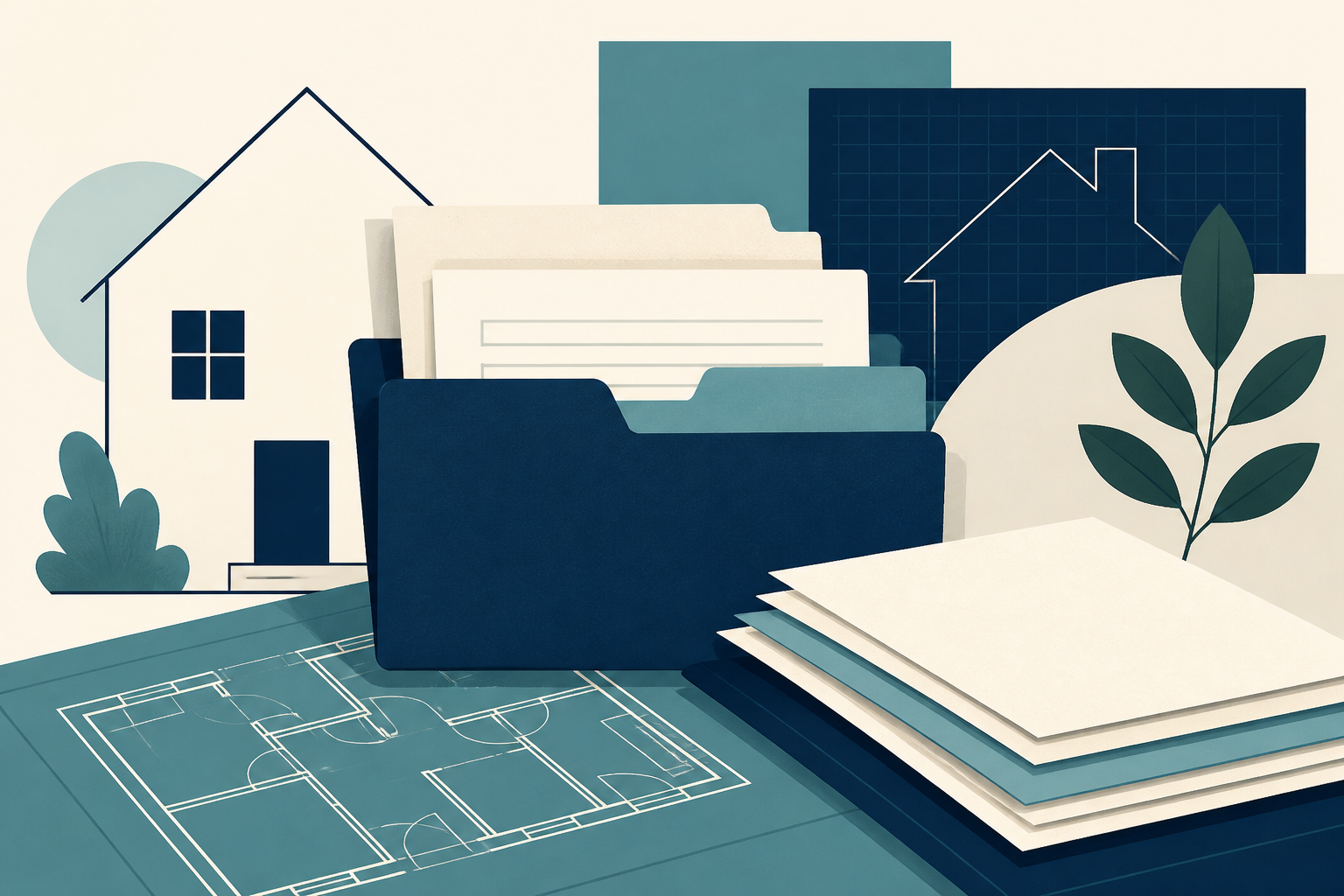 Editorial illustration of a housing lease, tenant records, and a carefully organized home file.