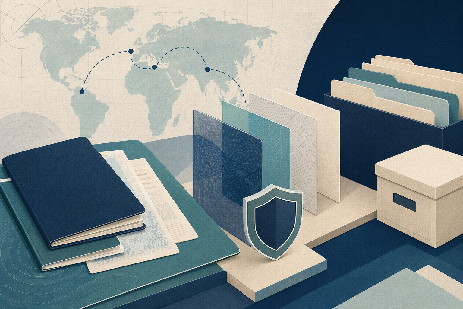 Editorial illustration of immigration documents, identity records, and a structured filing checklist.