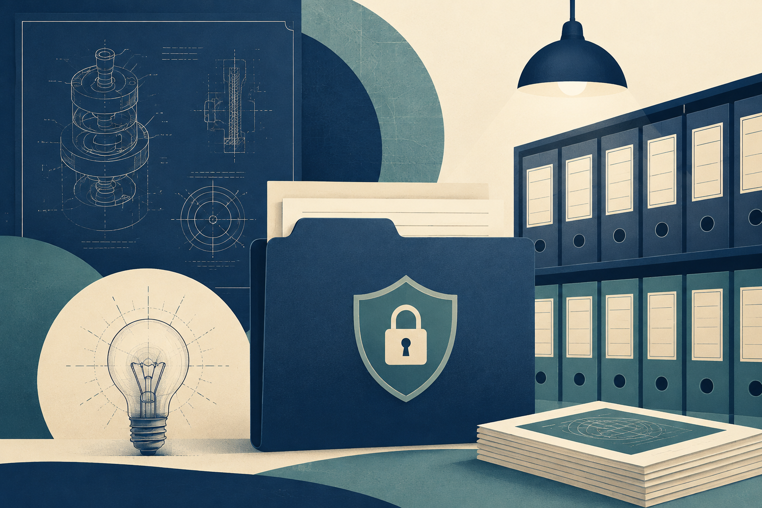 Editorial illustration of an invention record, creative work files, and a rights information guide.