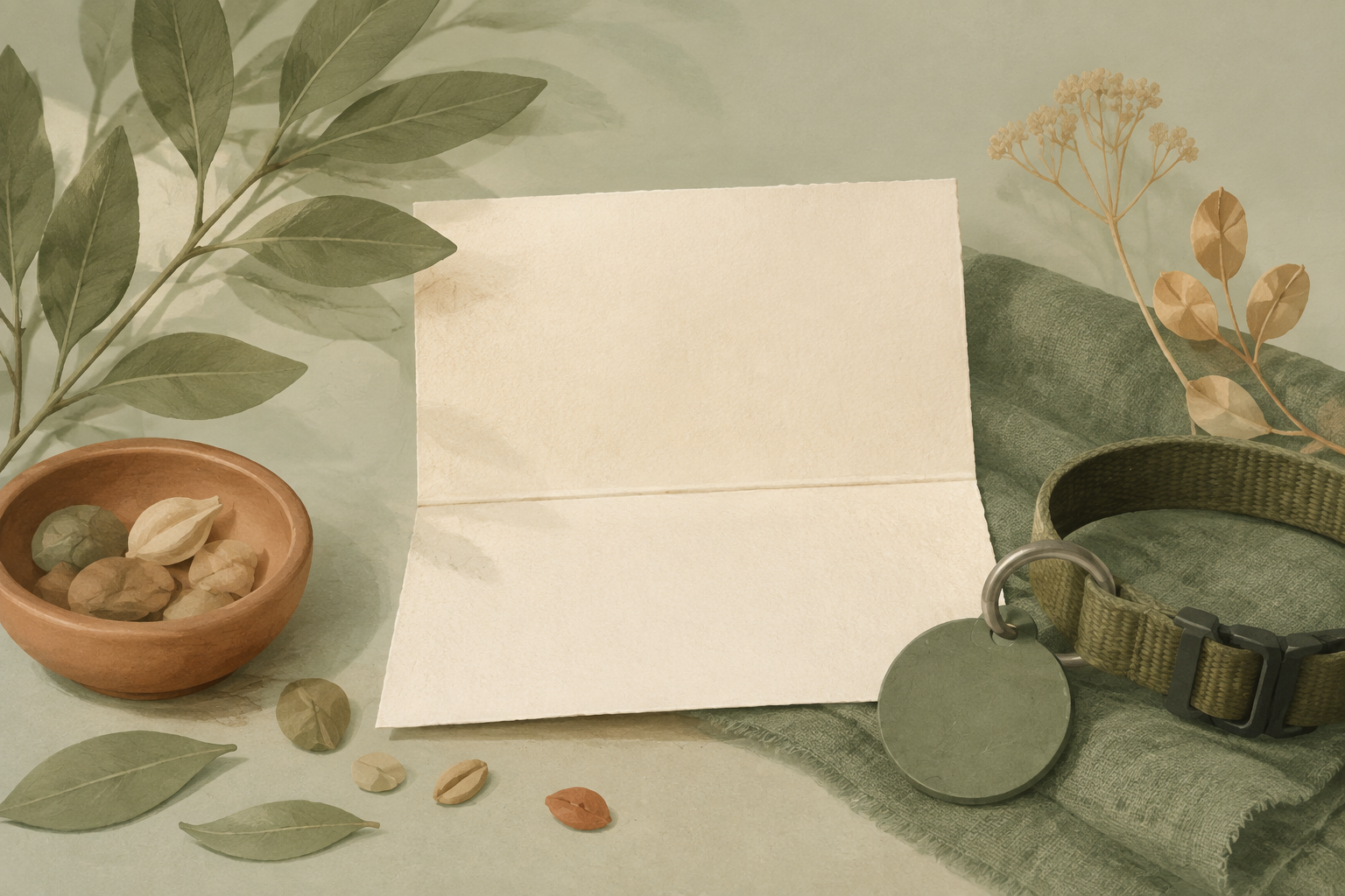 Editorial illustration of a generic pet collar tag, leaves, seed shapes, and a blank record sheet.