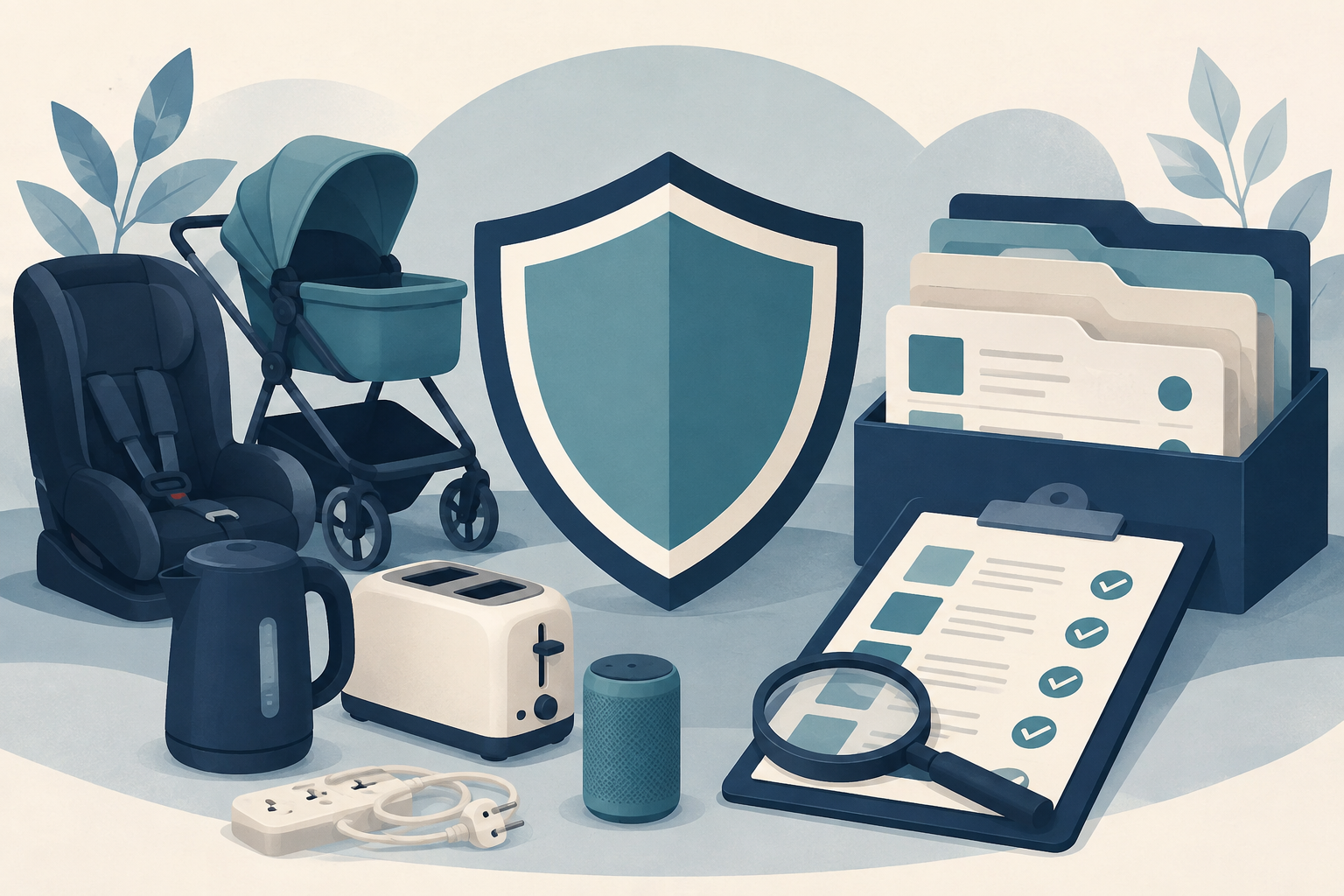 Editorial illustration of product recall notices, safety labels, and a consumer information card.