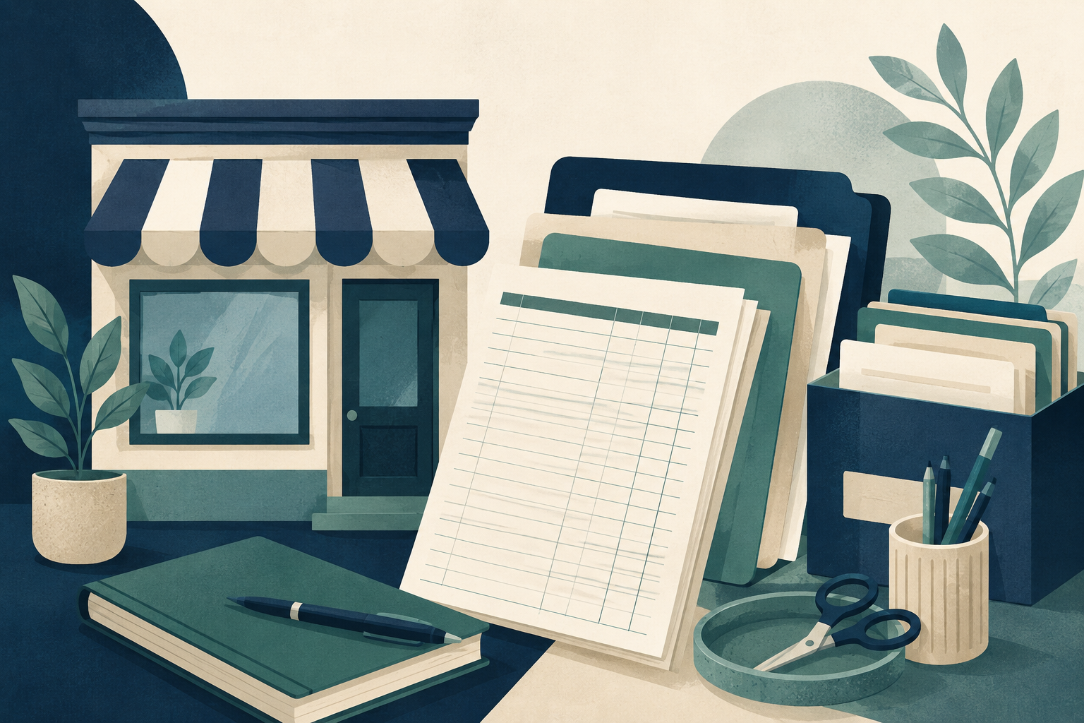 Editorial illustration of small-business forms, registration records, and a practical planning desk.