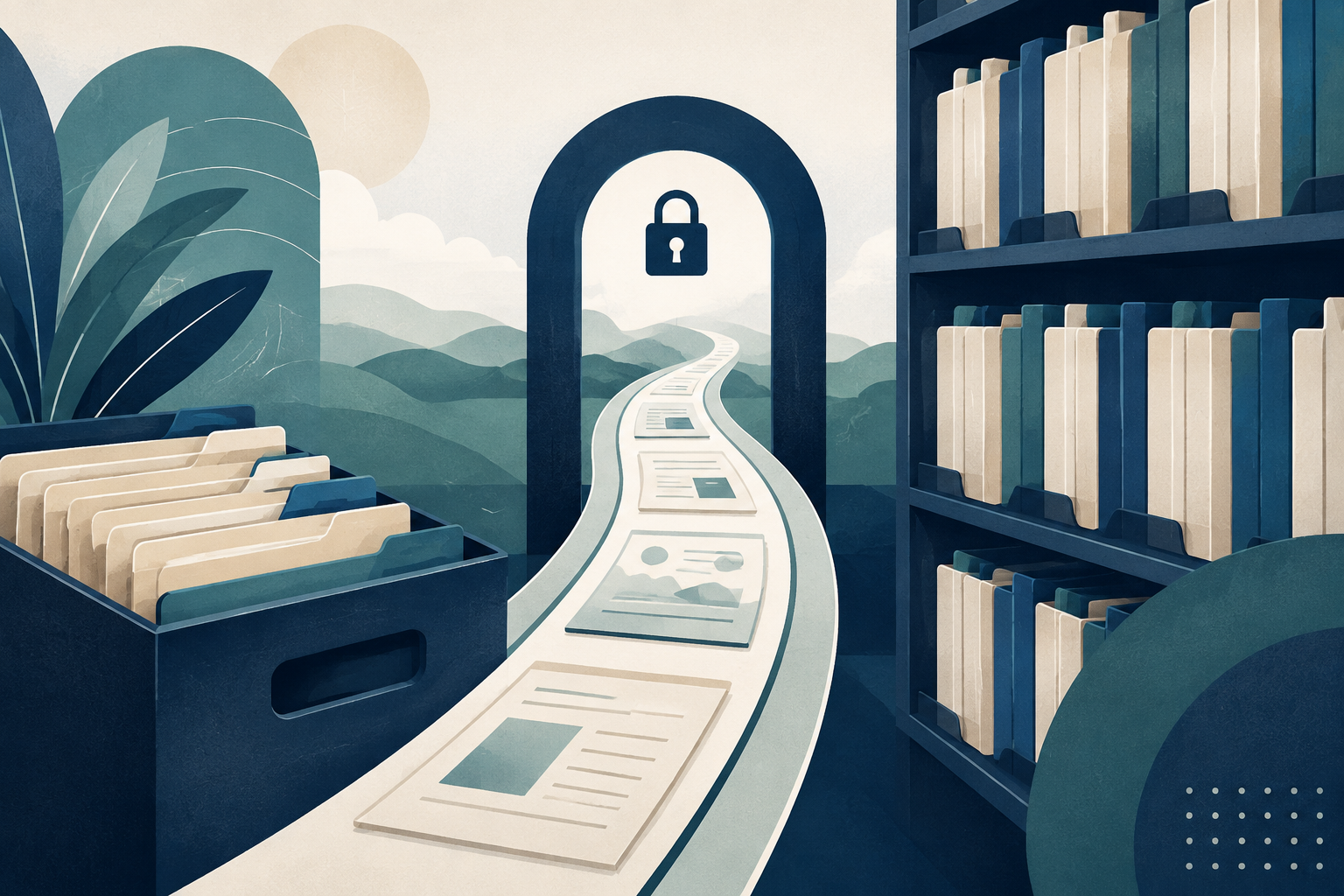 Editorial illustration of Social Security benefit records, a calendar, and an information folder.