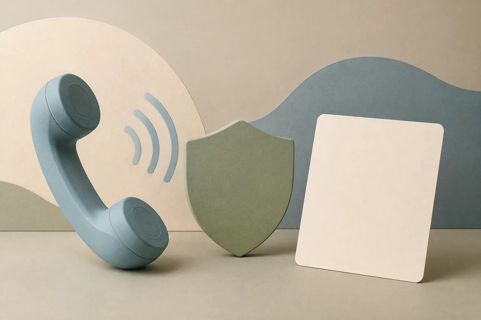 Editorial illustration of an unbranded handset, a simple privacy shield, soft signal arcs, and a blank record card.