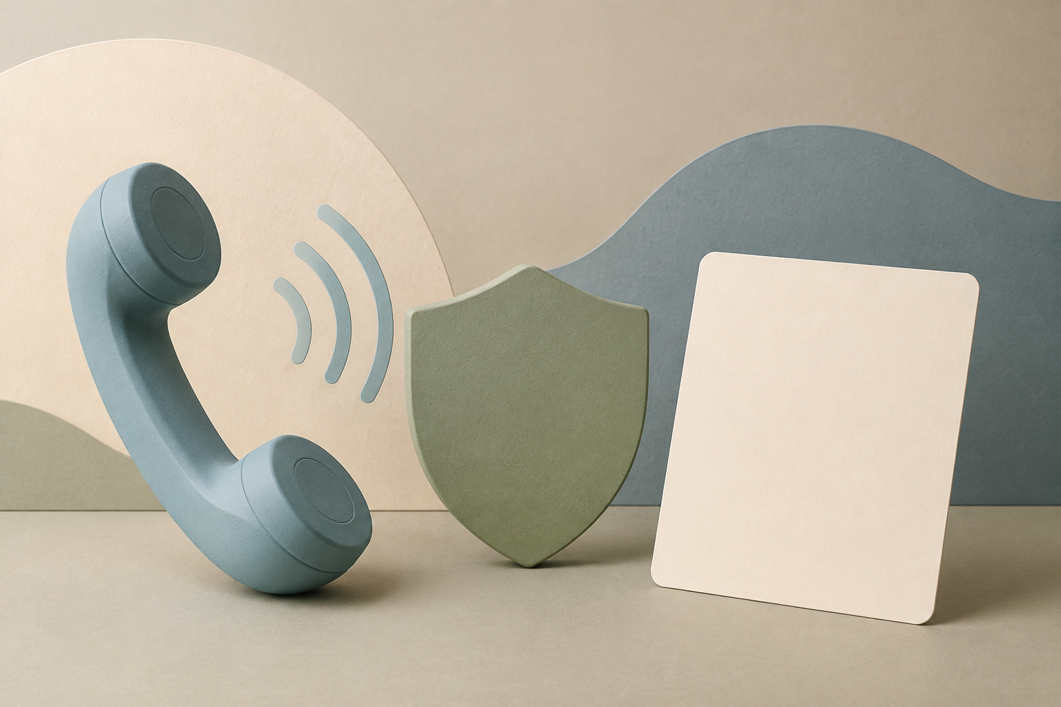 Editorial illustration of an unbranded handset, a simple privacy shield, soft signal arcs, and a blank record card.
