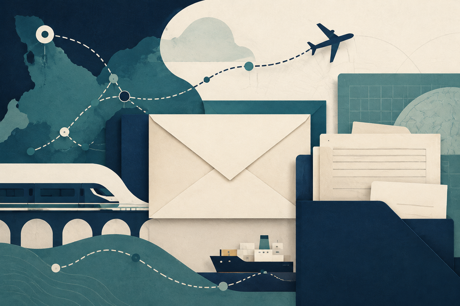 Editorial illustration of travel documents, transport schedules, and a postal service information guide.