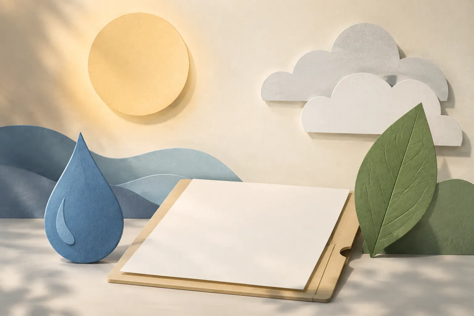 Editorial illustration of a water droplet, leaf, sun and cloud shapes, and a blank record sheet.