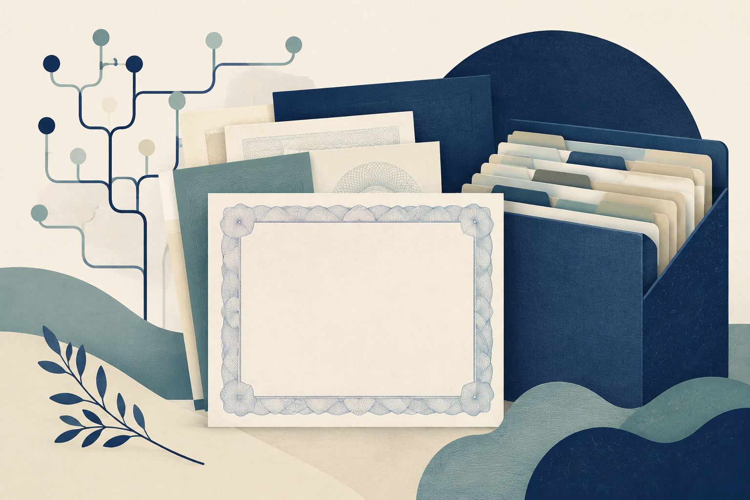Editorial illustration of vital records, family documents, and a neatly organized public-records folder.