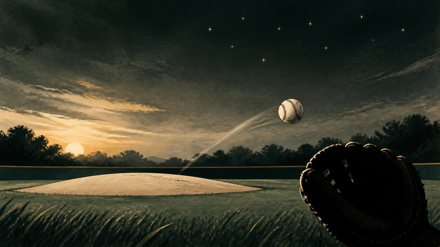 An empty baseball mound, a ball traveling toward a catcher’s glove, and nine small stars above the field.