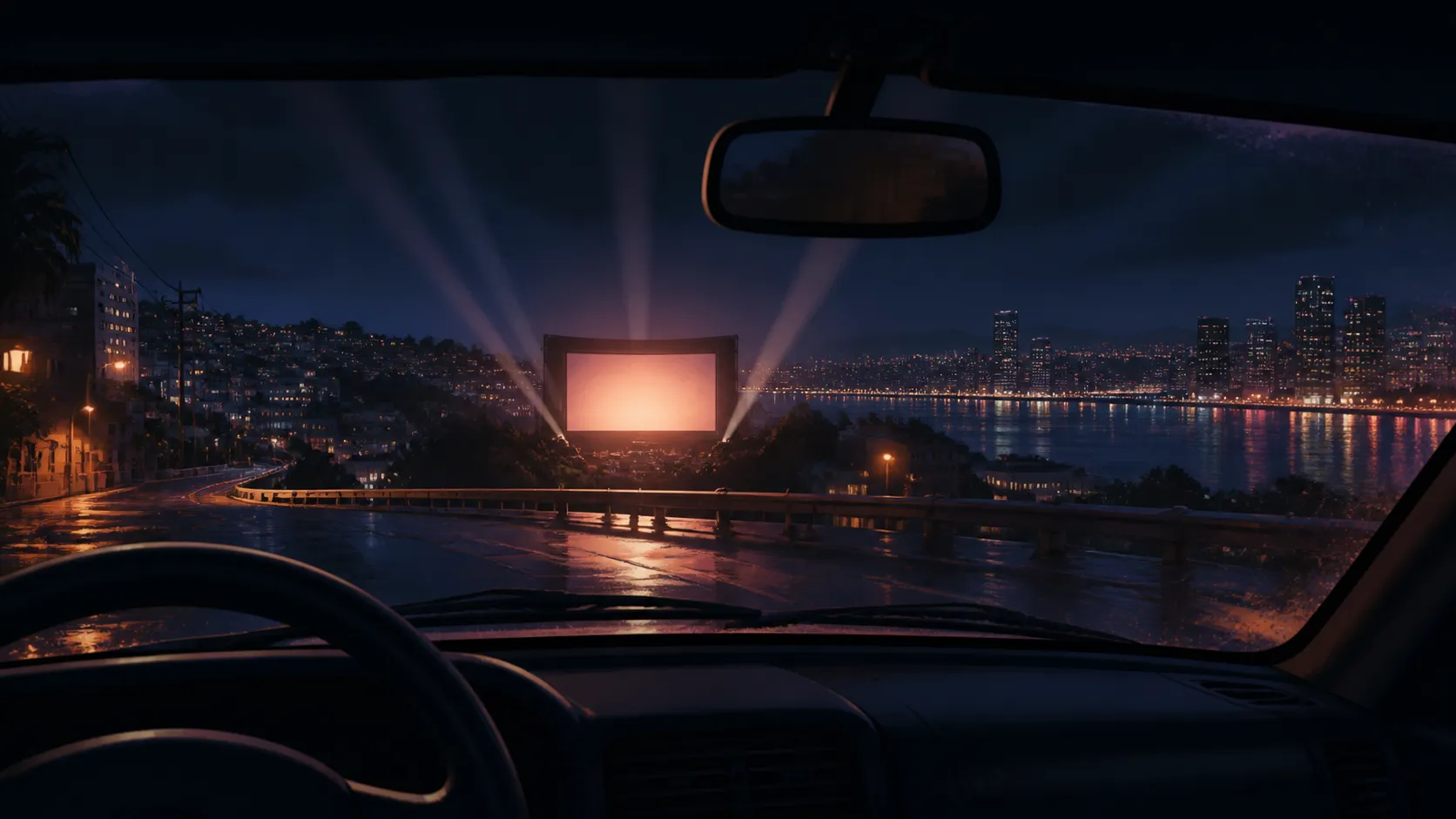 An unbranded night city seen through a car windshield, with a distant cinema-screen glow.