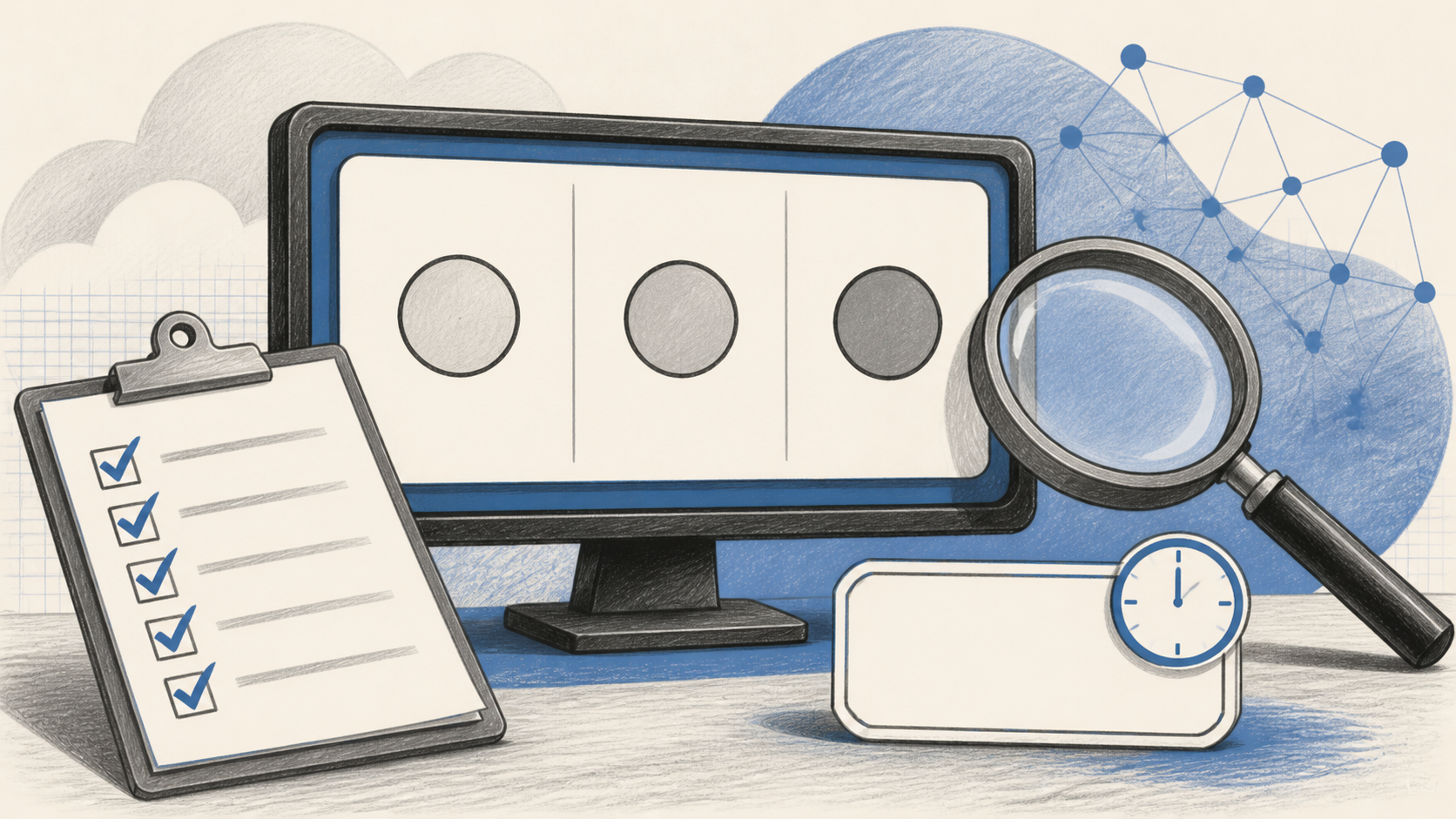 A service-status panel with three quiet indicator lights and a checklist card in a neutral editorial illustration.