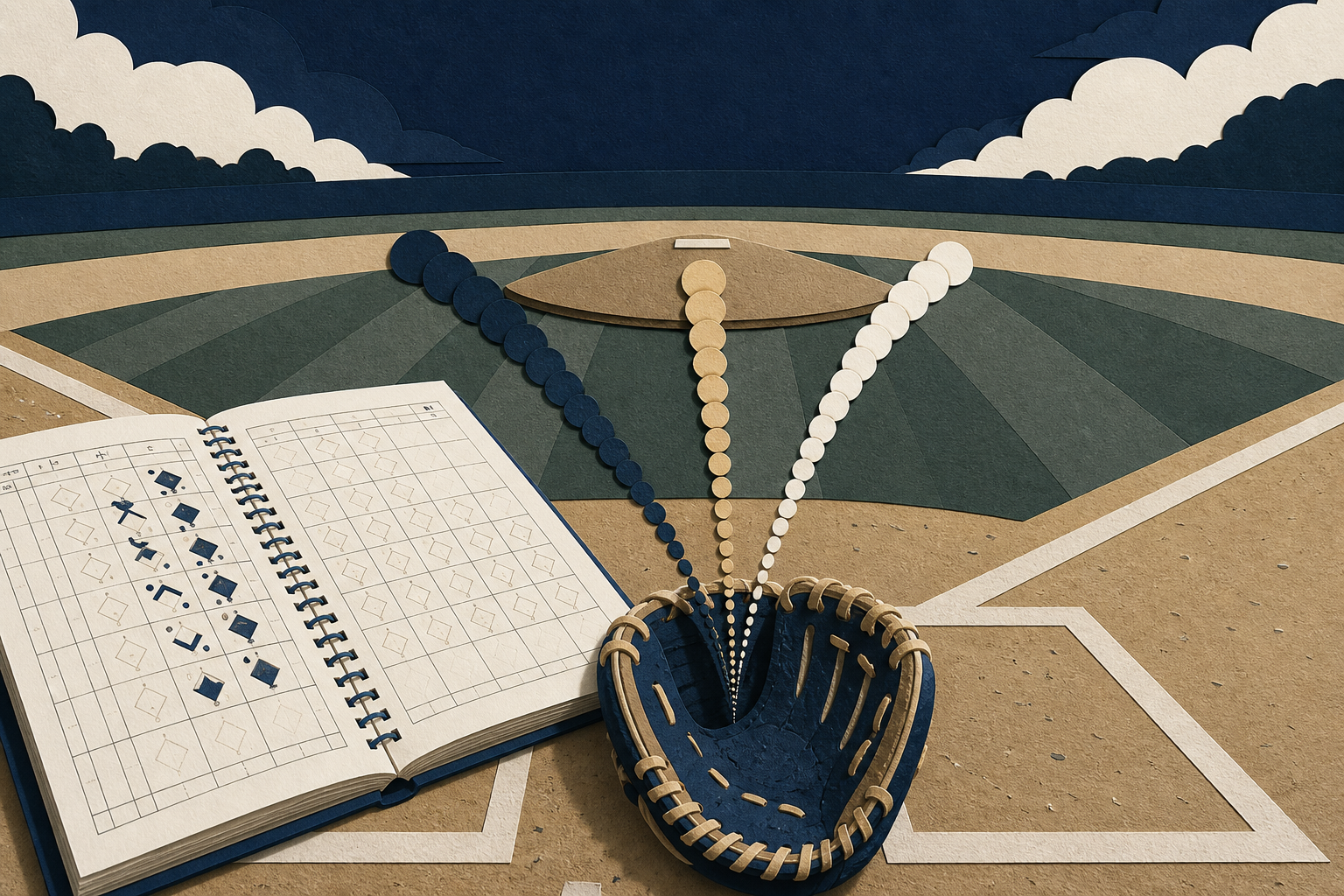 A baseball mound, scorebook, and three pitch trails meeting at a catcher’s glove.