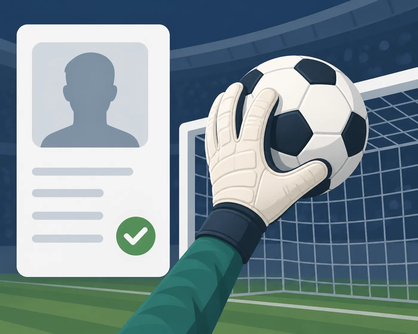 A soccer goalkeeper glove catching a ball before a goal, beside a simple record-card outline.