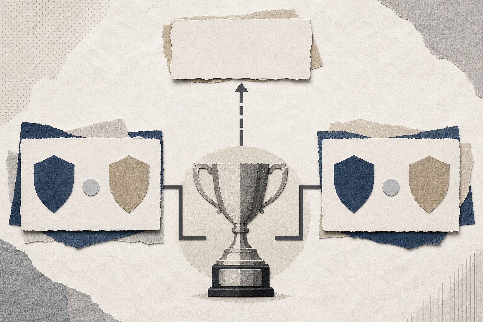 A neutral football tournament cup between two match cards connected to a final route.