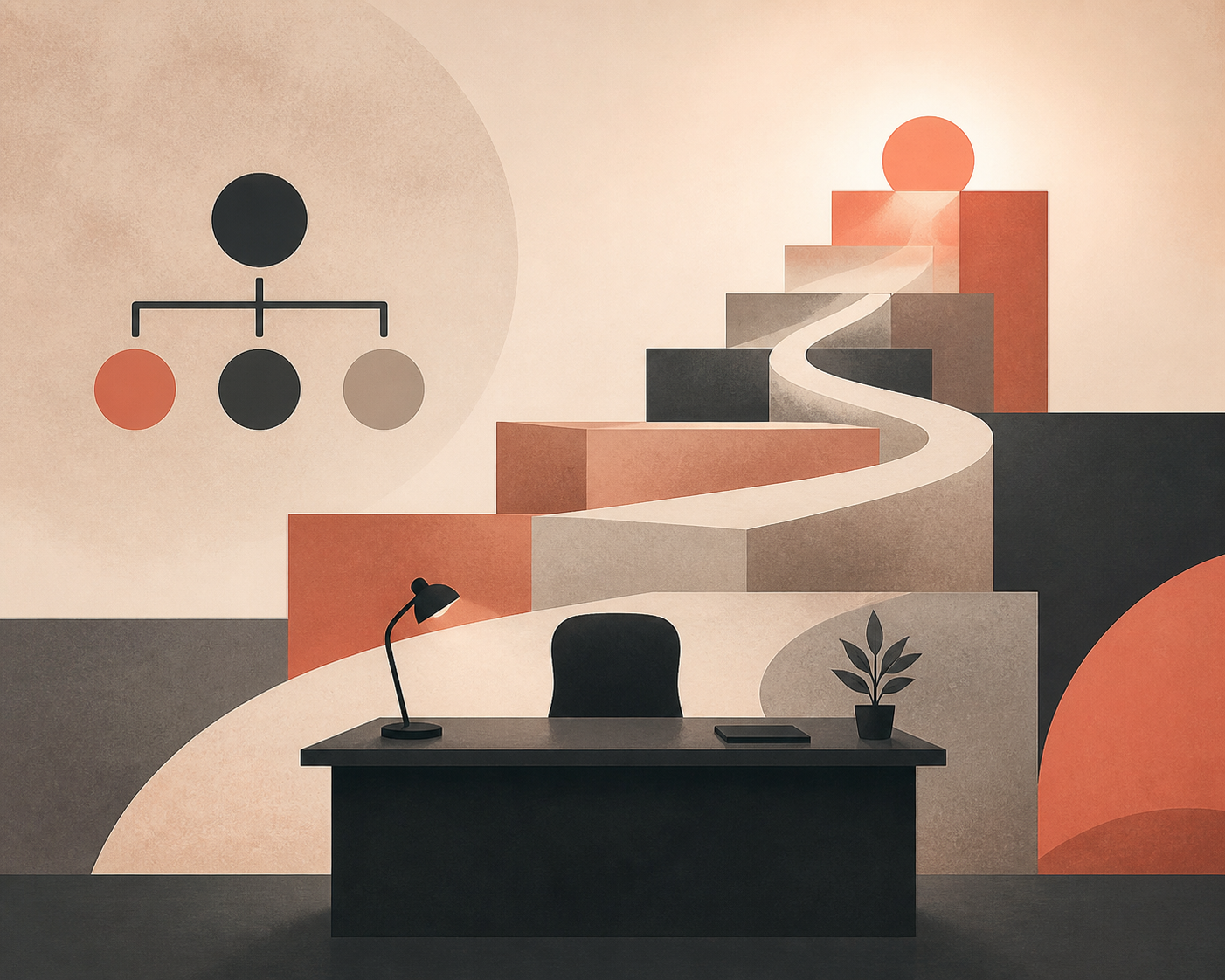 An abstract revenue path, leadership desk silhouette, and organization-chart node.