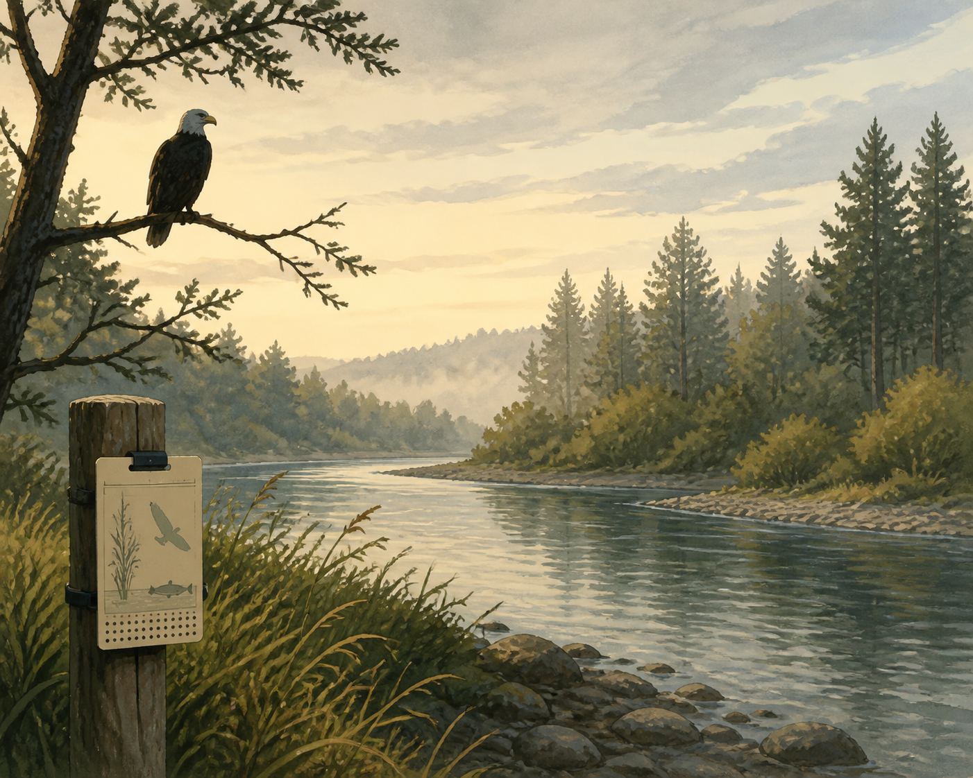 A distant bald eagle silhouette beside a wildlife observation card and protected riverbank.