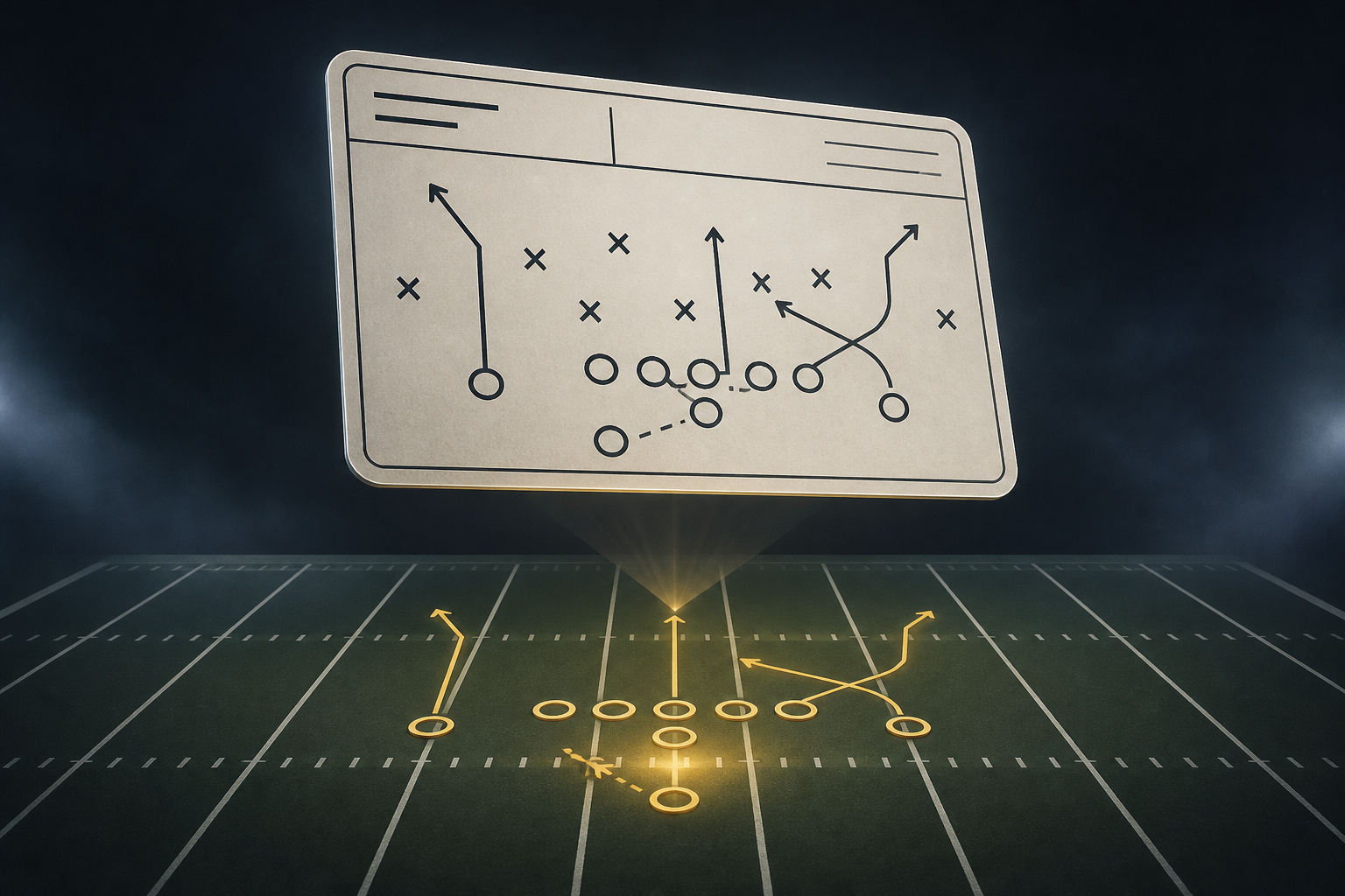 A football playbook card above a simplified field with a roster-slot marker and route lines.
