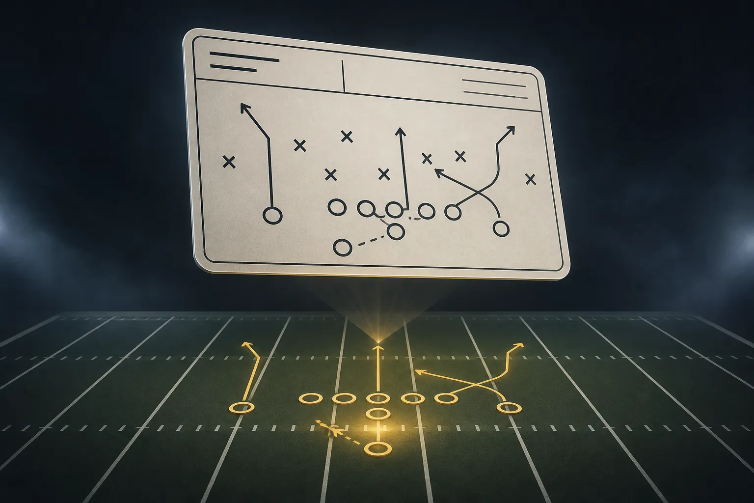 A football playbook card above a simplified field with a roster-slot marker and route lines.