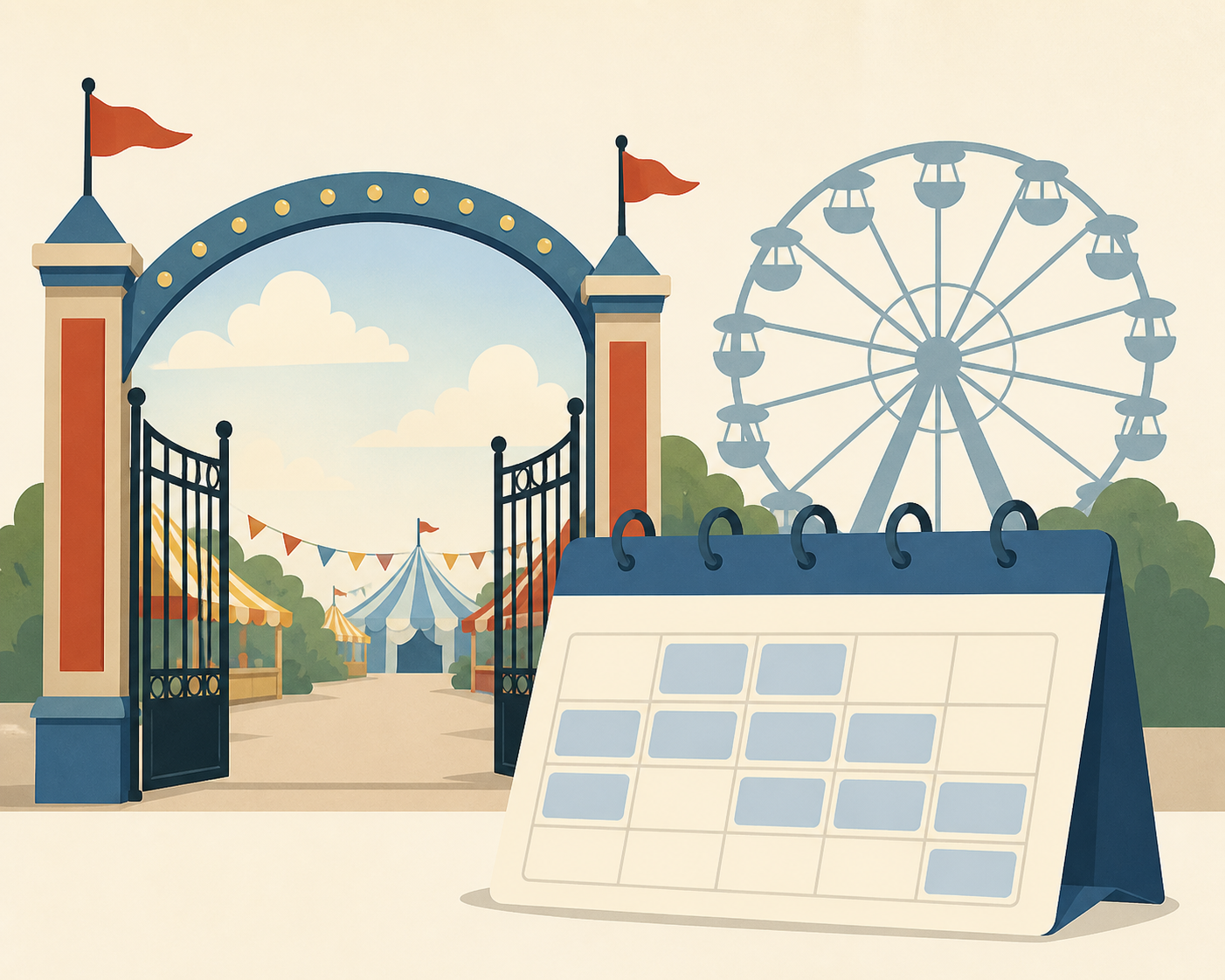 A fairground gate, Ferris-wheel silhouette, and a blank calendar page.