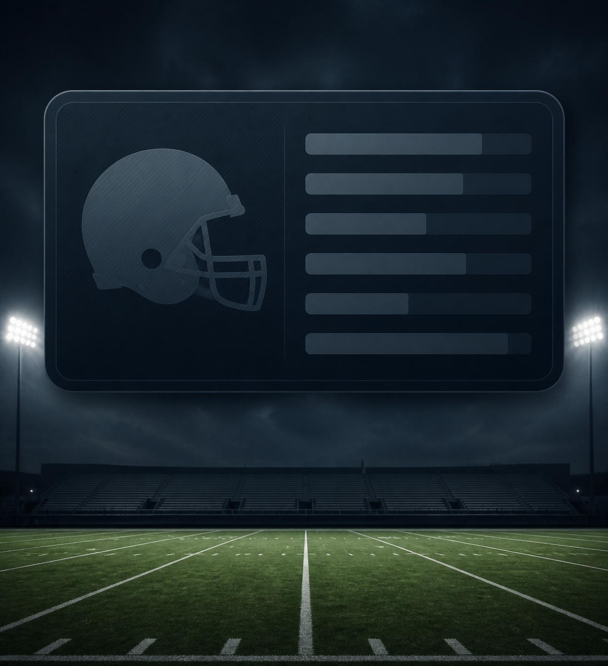 A football player-log card above a quiet gridiron with a helmet silhouette and neutral bars.