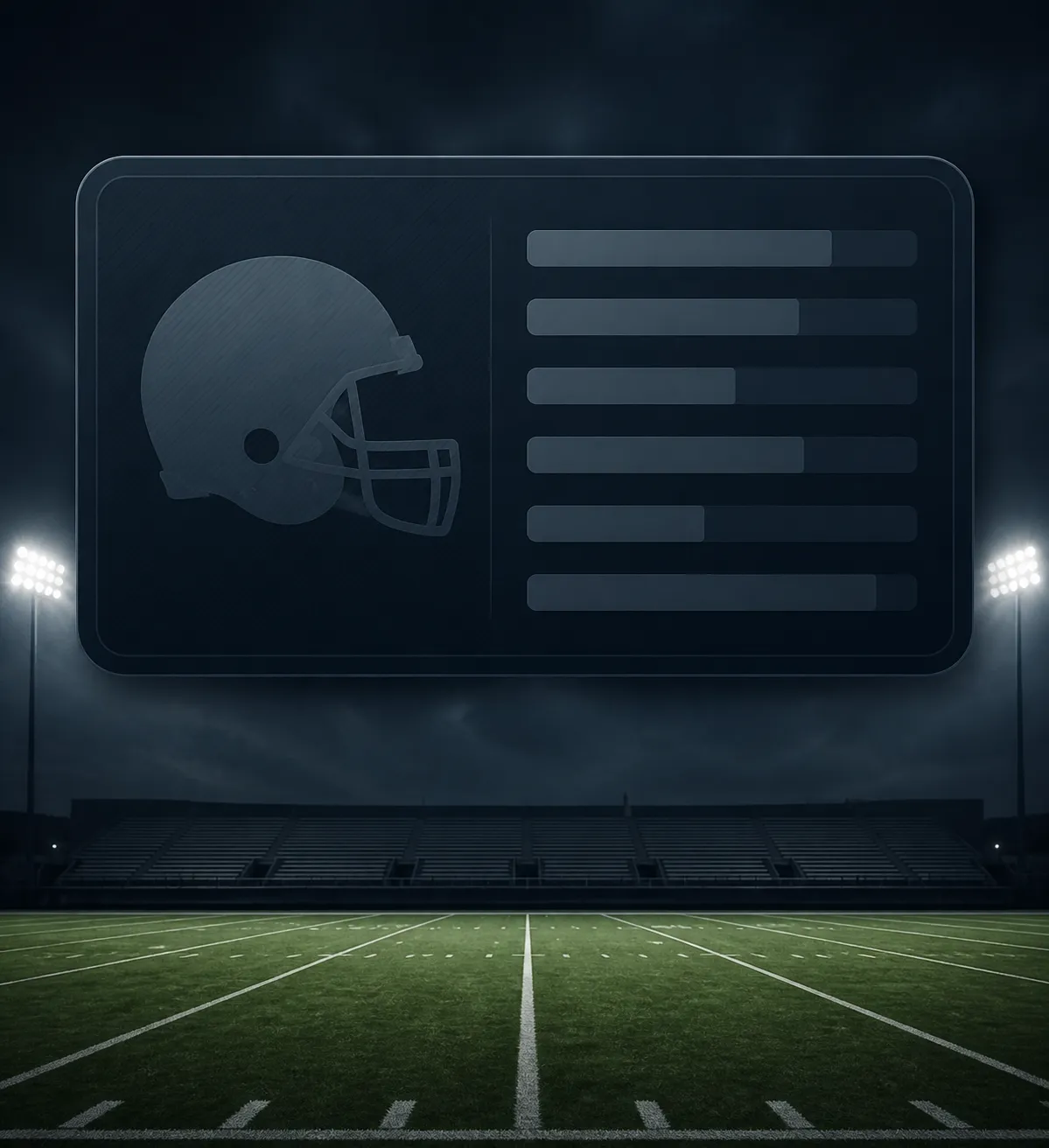A football player-log card above a quiet gridiron with a helmet silhouette and neutral bars.