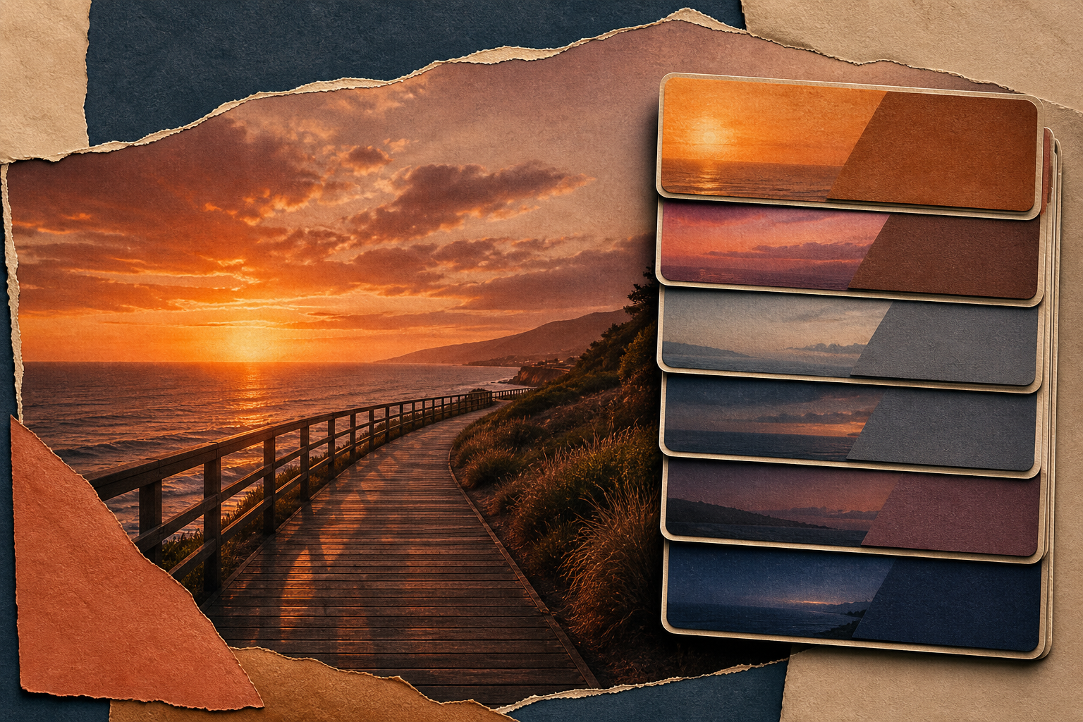 A coastal boardwalk and sunset horizon beside a stack of neutral episode-card shapes.