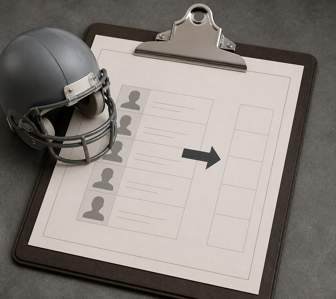 A football helmet on a transaction clipboard with a neutral roster arrow leading to a blank slot.