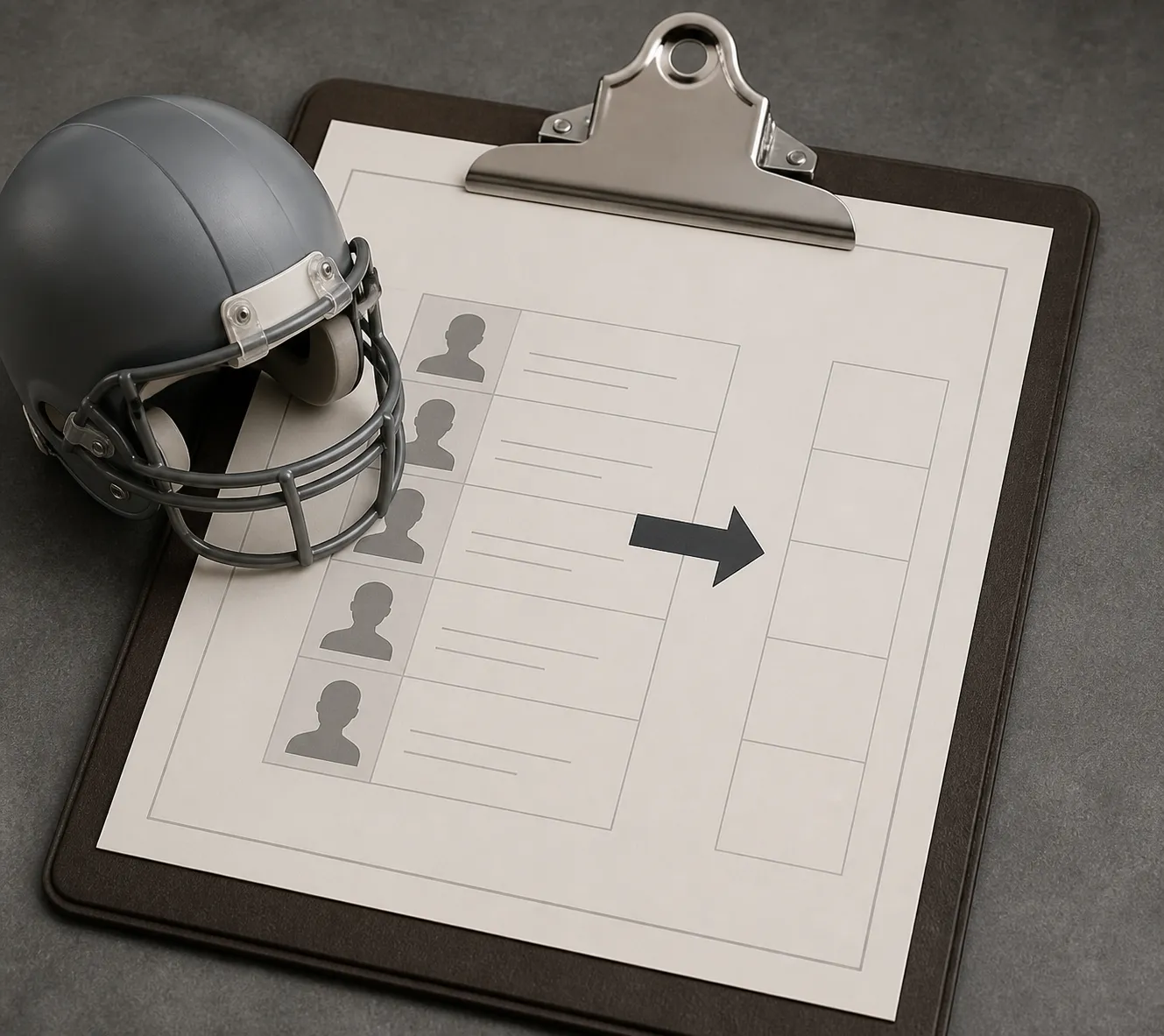 A football helmet on a transaction clipboard with a neutral roster arrow leading to a blank slot.