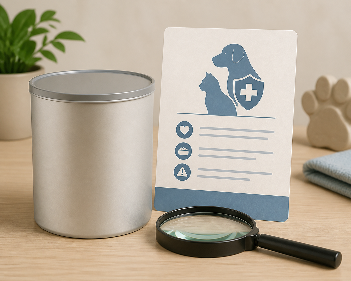 An unbranded pet-food container beside a veterinary notice card and magnifying glass.