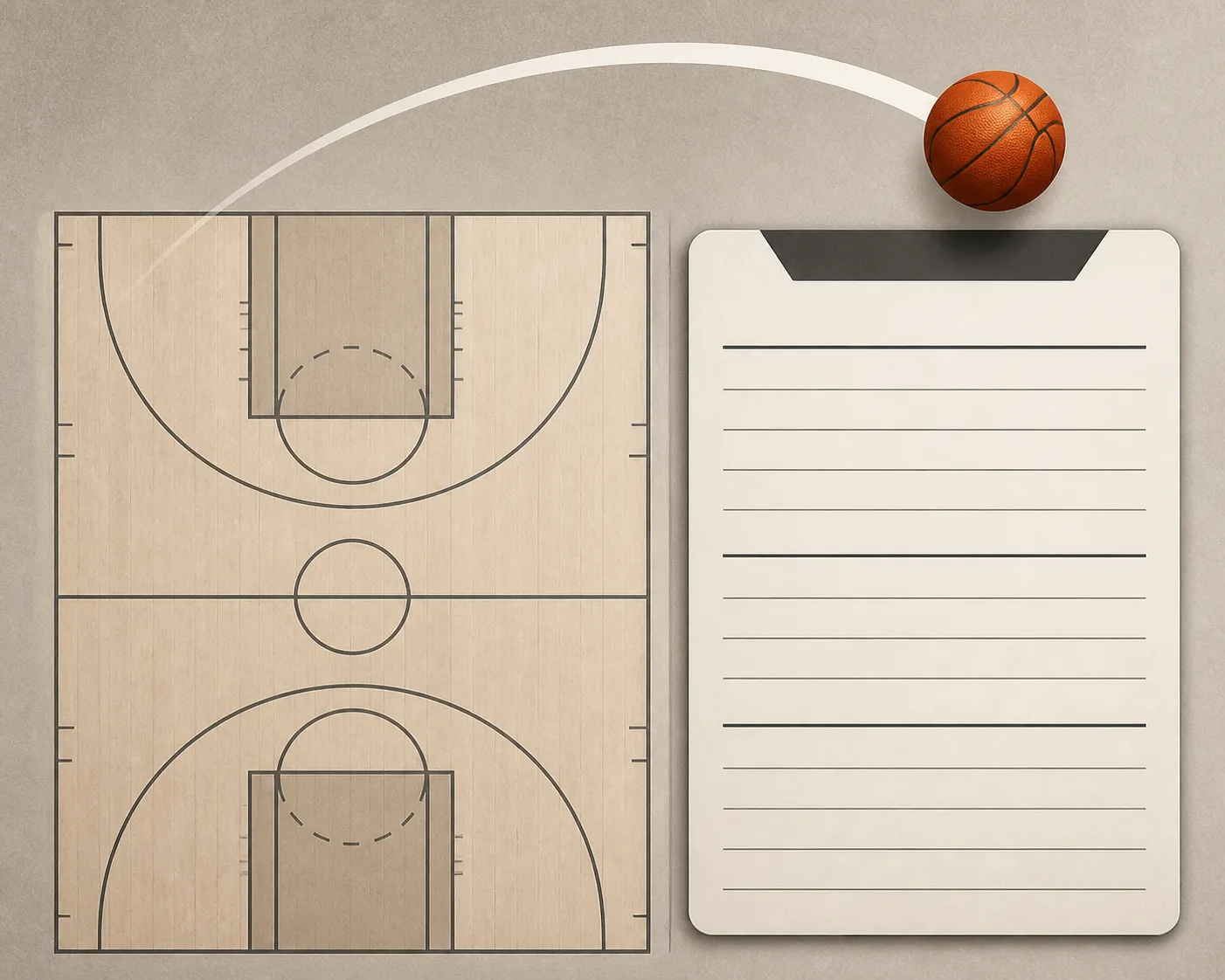 A basketball tracing an arc above a neutral court diagram and a blank postgame recap card.