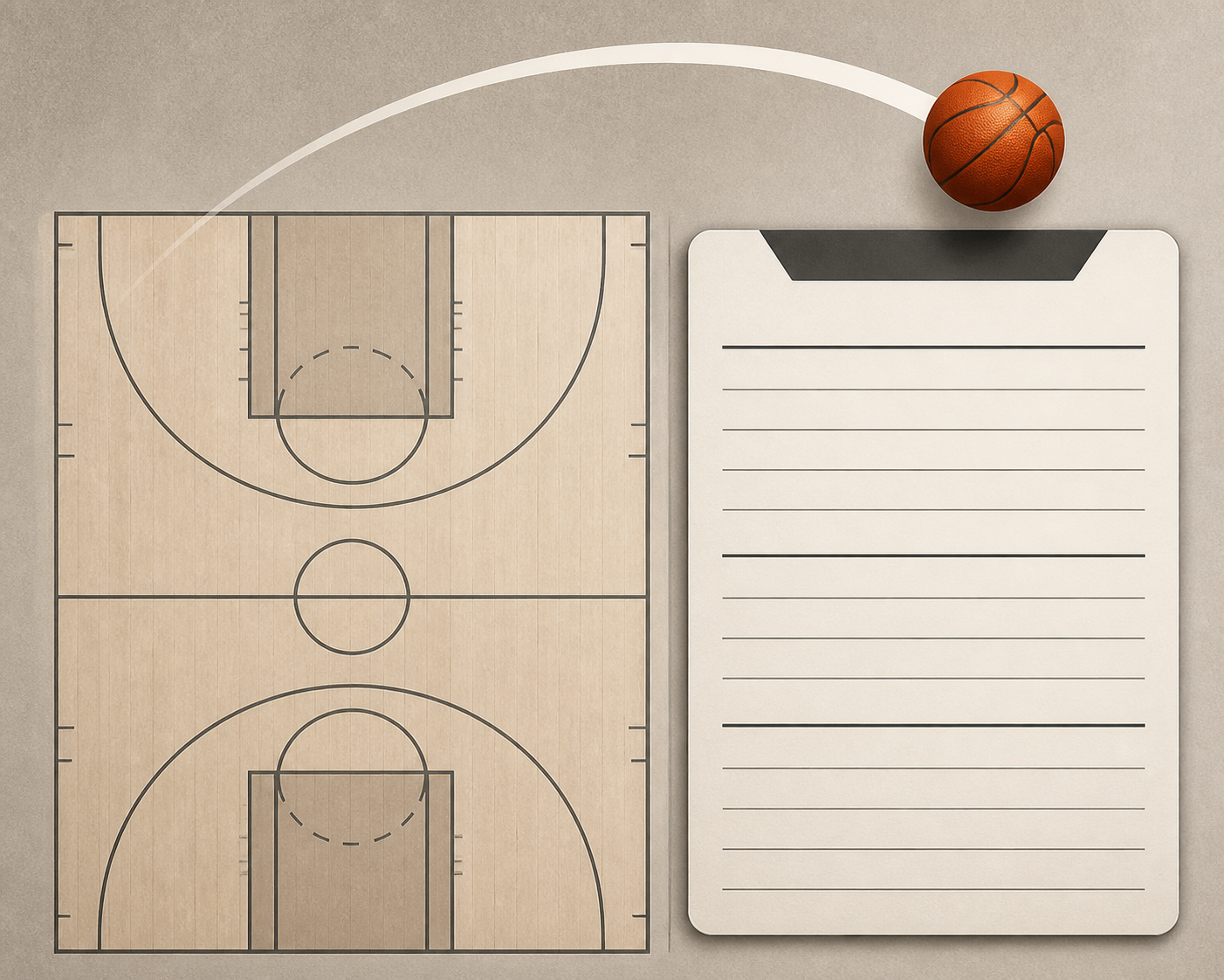 A basketball tracing an arc above a neutral court diagram and a blank postgame recap card.