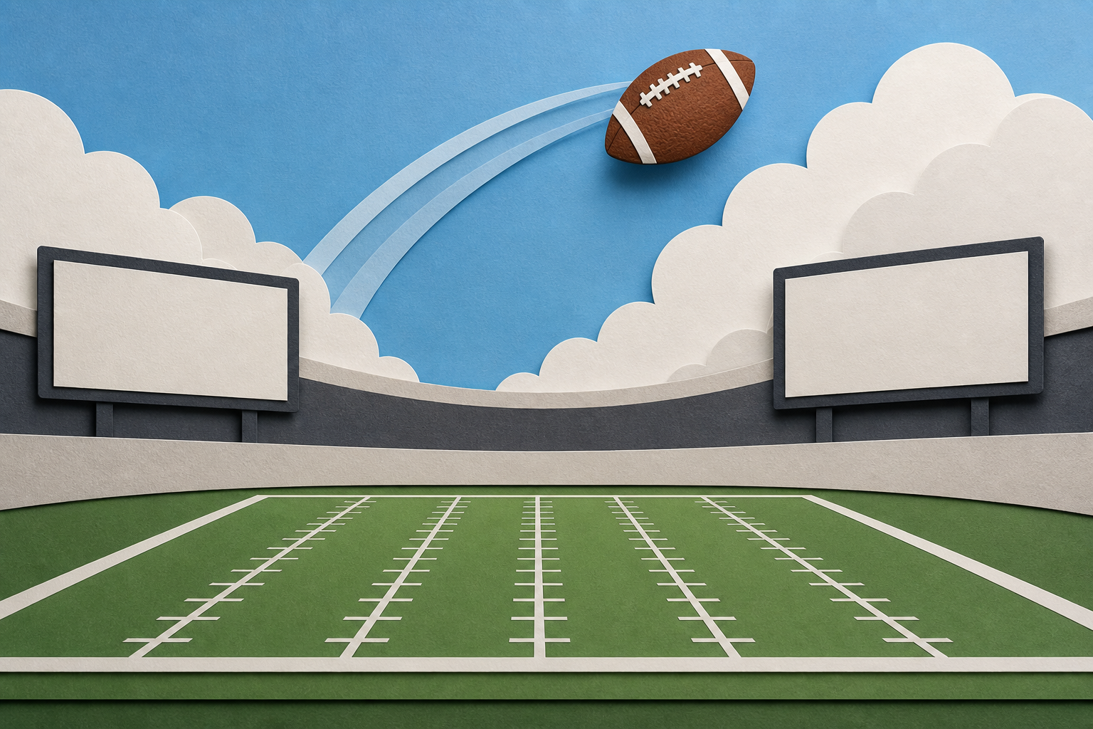 A football over a simplified gridiron with two blank scoreboard panels.