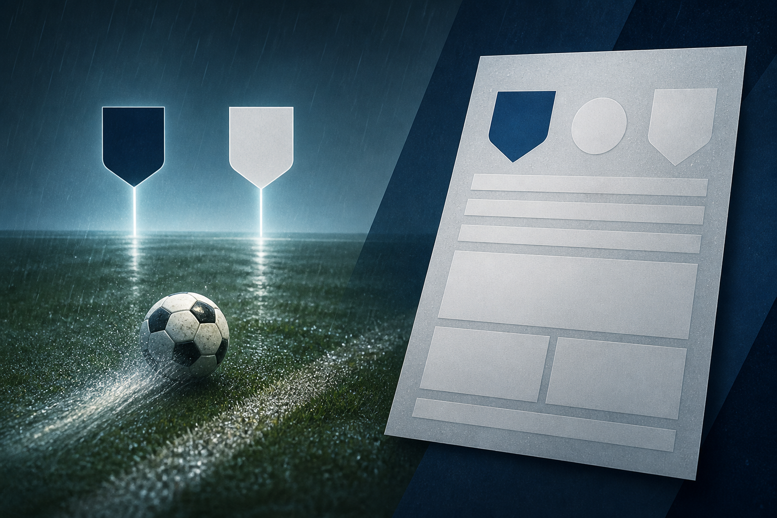 A soccer ball on a rain-textured pitch with two abstract goal markers and a match-report card.