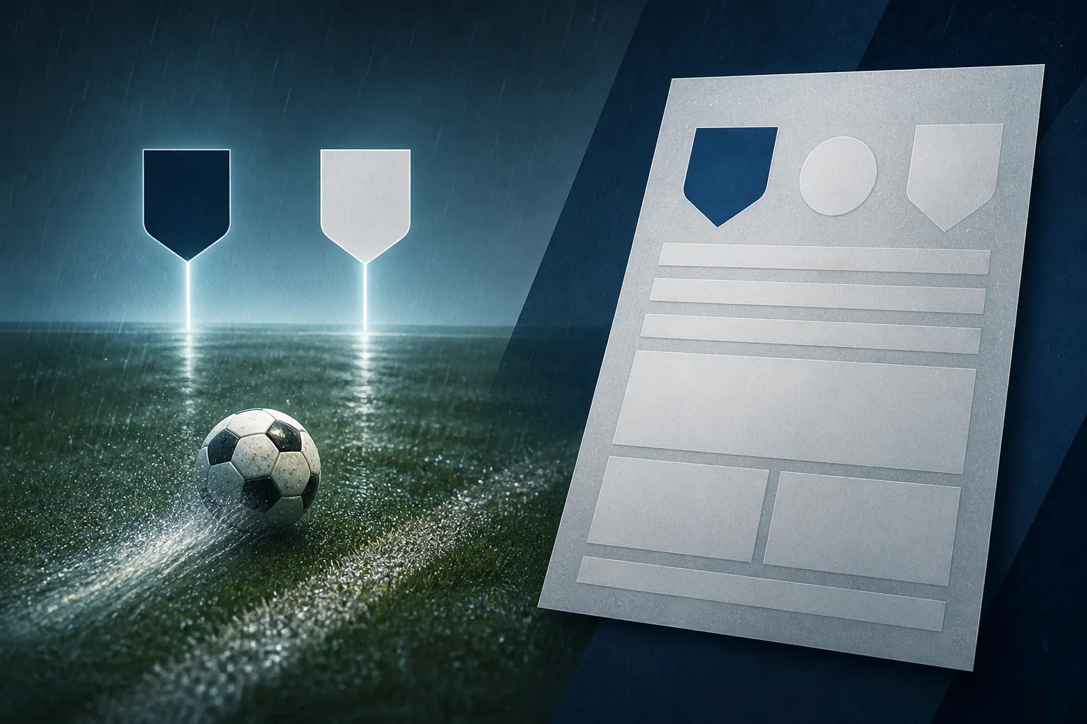 A soccer ball on a rain-textured pitch with two abstract goal markers and a match-report card.