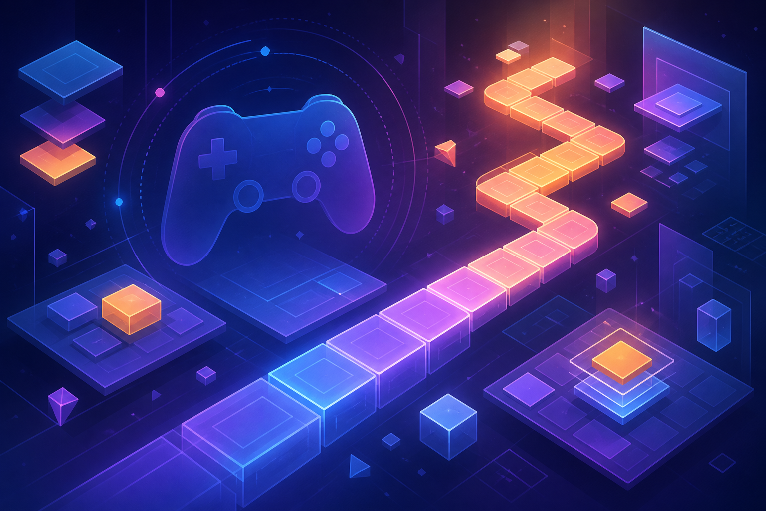 Floating geometric game-interface tiles, a controller-shaped silhouette, and a shifting path of glowing blocks.